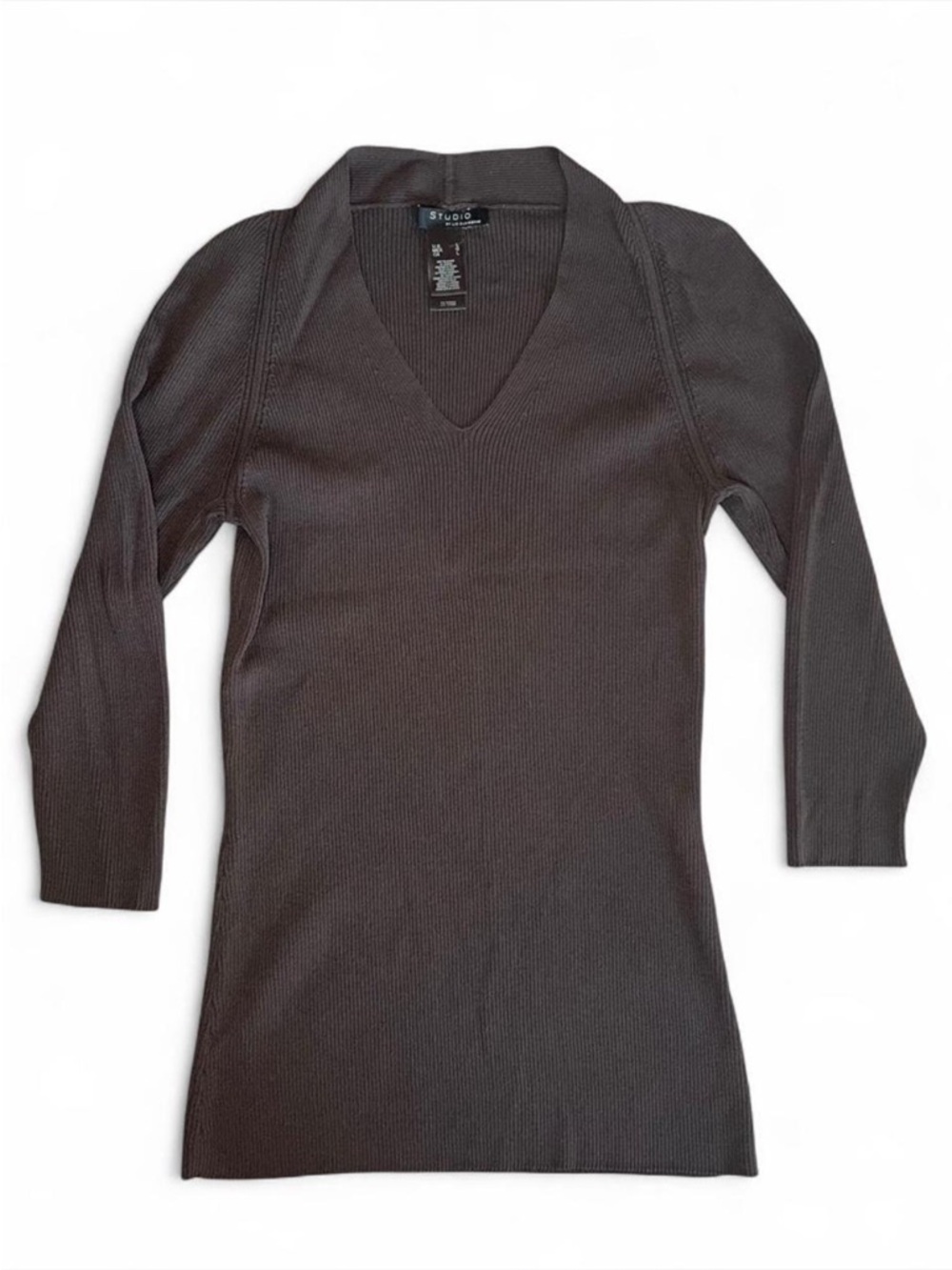 Chocolate Brown Fitted Ribbed V-Neck 3/4 Sleeve Lightweight Sweater Size Large